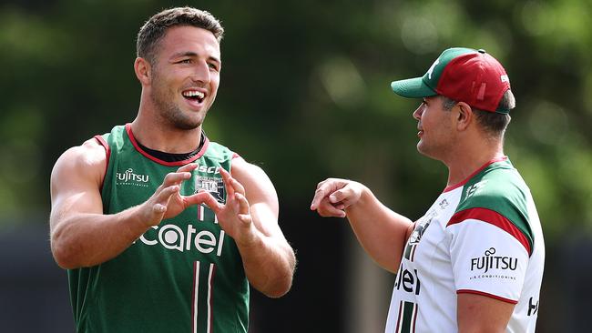 Sam Burgess has a laugh with coach Anthony Seibold. Picture: Brett Costello