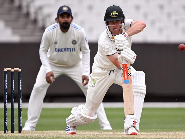 Australian batsman Beau Webster plays a shot during the third day of the cricket match between Australia A and India A at the Melbourne Cricket Ground (MCG) in Melbourne on November 9, 2024. (Photo by William WEST / AFP) / --IMAGE RESTRICTED TO EDITORIAL USE - STRICTLY NO COMMERCIAL USE--