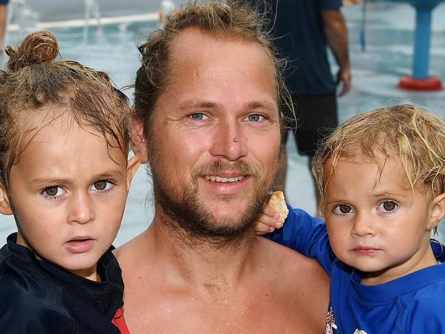 Boxing day at the waterpark. Thomas Albers with Noah, 4, and Nova, 2, from the Netherlands. Picture: Shae Beplate.