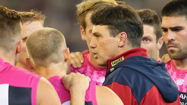 Melbourne coach Paul Roos addresses his charges. Picture: Getty