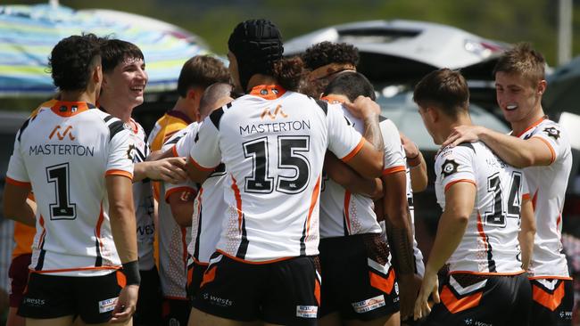 Tigers celebrate a try. DALEY Cup Rd 1 at Kirkham Oval Macarthur Wests Tigers vs Riverina Bulls Camden Valley Wy, Elderslie NSW 2570, Australia,Picture Warren Gannon Photography