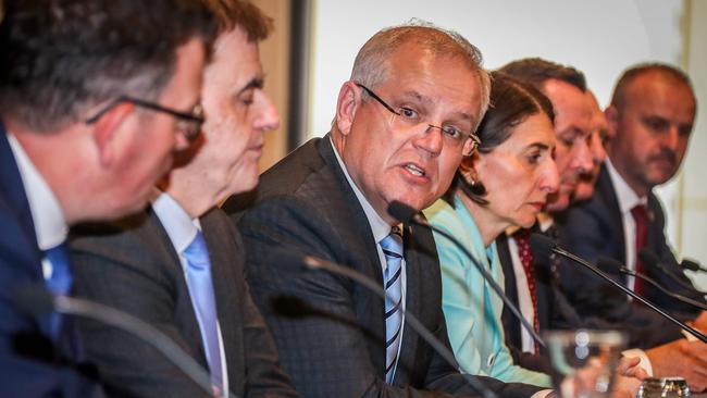 Prime Minister Scott Morrison with state Premiers and Chief Ministers. Picture: David Gray/AFP