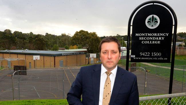 Opposition Leader Matthew Guy at his old school. Picture: Angie Basdekis