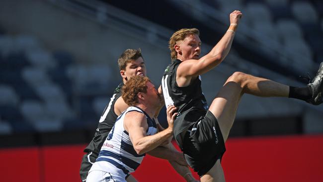 Rohan is struck in the face during the VFL semi-final against Southport Sharks at GMHBA Stadium on Saturday. Picture: AAP Image/Julian Smith.