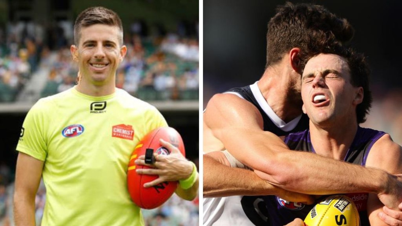 Former umpire Michael Pell and Jordan Clark. Photos: Getty Images/AFL Photos