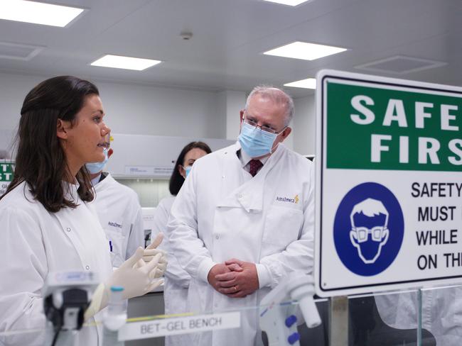 Prime Minister Scott Morrison meets with Savannah Alegre, Specialist Team Lead of the Microbiology Laboratory at AstraZeneca. Picture: Getty Images