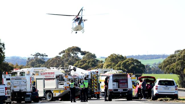 The MedStar helicopter leaves the crash site at Shea-Oak Log. Picture: Tait Schmaal.