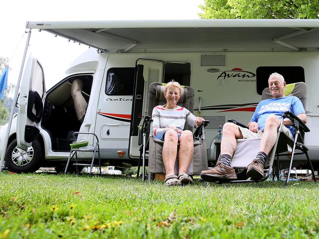 Shirley, 66, and Rick, 73, Walrond of Hervey Bay in Queensland enjoying the New Norfolk Caravan Park. Picture: SAM ROSEWARNE.