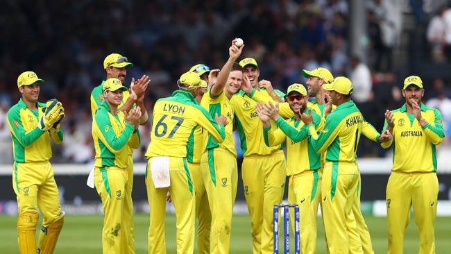 LONDON, ENGLAND - JUNE 25:  Jason Behrendorff of Australia holds up the ball after taking 5 wickets for 44 runs during the Group Stage match of the ICC Cricket World Cup 2019 between England and Australia at Lords on June 25, 2019 in London, England. (Photo by Michael Steele/Getty Images)