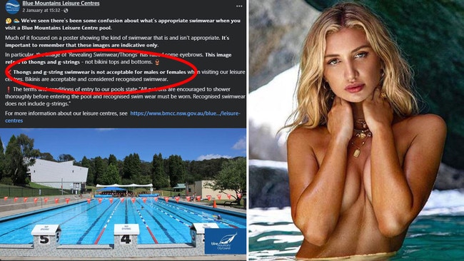 Playboy cover girl Gabrielle Epstein says the Blue Mountains City Council’s decision to ban women from wearing thongs and G-string bikini bottoms “feels like unnecessary control over personal choices". The Council’s Facebook post has now been deleted. Pictures: Supplied/France Duque &amp; Jesse Rambis