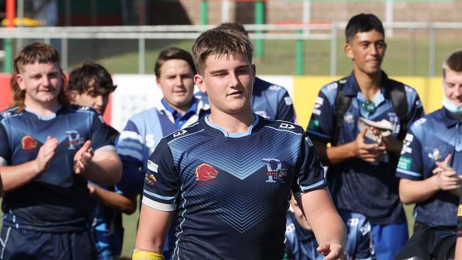 Redcliffe SHS’s Jack Cameron walks forward last year to collected his Man of the Match award. Picture: Liam Kidston.