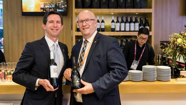 Federal Minister for Trade, Tourism &amp; Investment Simon Birmingham with South Australian Minister for Trade, Tourism and Investment David Ridgway on day two of the China International Import Expo in Shanghai. Picture: DFAT/Chris Crerar