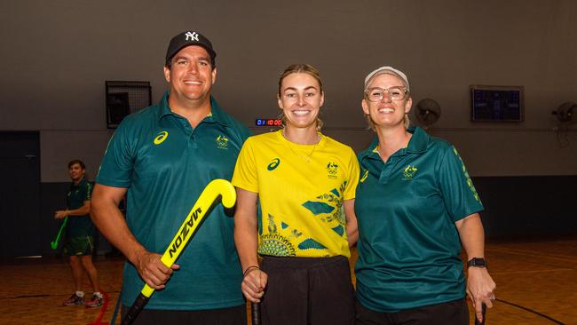 Travis Carroll, Mariah Williams and Shana-Ann Casimiro as Olympians and scholarship coaches run training sessions for Katherine youth at RAAF Base Tindal. Picture: Pema Tamang Pakhrin