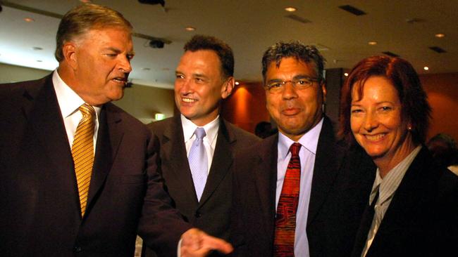 Then-opposition Leader Kim Beazley (left to right), Craig Emerson, Warren Mundine and Julia Gillard in 2006, when Mr Mundine was newly elected president of the Labor Party.