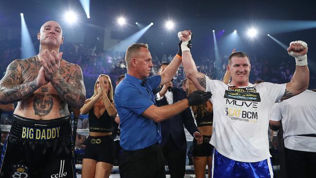 Paul Gallen celebrates after defeating Lucas Browne by TKO. Picture: Getty Images