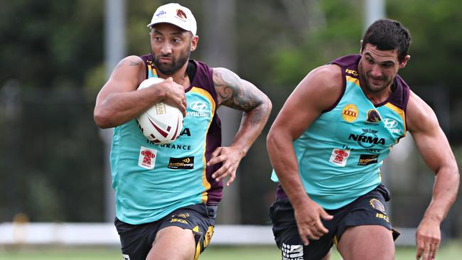 Benji Marshall on the burst at Broncos training at St Lucia. Picture: Annette Dew