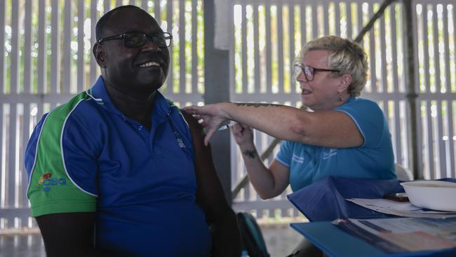 Reverend Stanley Marama receives the AstraZeneca COVID-19 vaccine at the Boigu community centre in Boigu Island in the Torres Strait Islands, on Wednesday. Picture: Getty Images