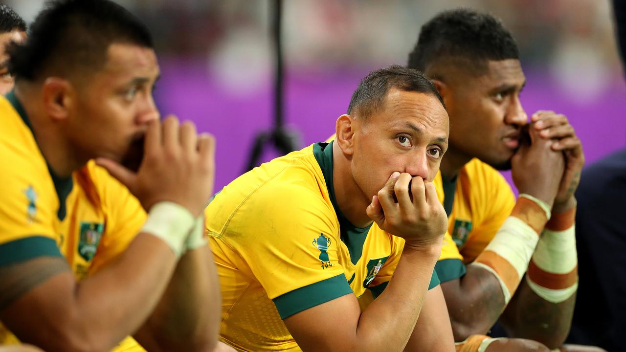 Christian Lealiifano of Australia reacts on the bench during the Rugby World Cup.