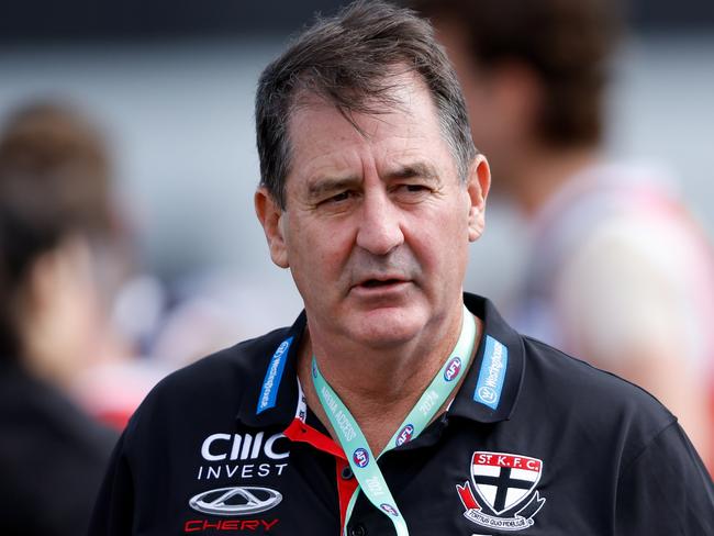 MELBOURNE, AUSTRALIA - MARCH 03: Ross Lyon, Senior Coach of the Saints is seen during the 2024 AFL AAMI Community Series match between the St Kilda Saints and North Melbourne Kangaroos at RSEA Park on March 03, 2024 in Melbourne, Australia. (Photo by Dylan Burns/AFL Photos via Getty Images)