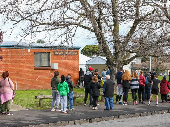 People lined up at a COVID-19 pop up testing centre in Brunswick West, Melbourne. Picture: Asanka Ratnayake/Getty Images