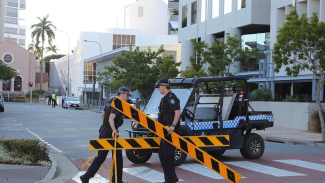 Police close Hinze Street in front of Southport court this morning. Picture: Glenn Hampson.