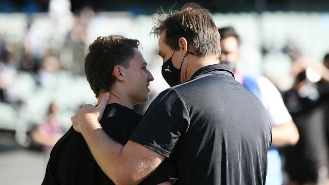 Carlton coach David Teague speaks with debutant Corey Durdin before the weekend’s ill-fated clash with Port Adelaide. Picture: Getty Images