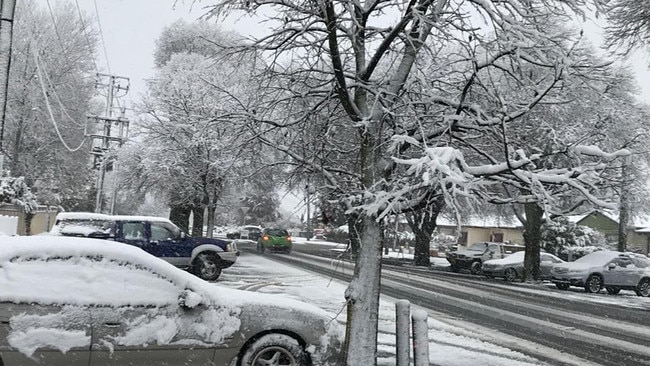 Snow blankets cars and trees in Orange. Picture: Ross Noble