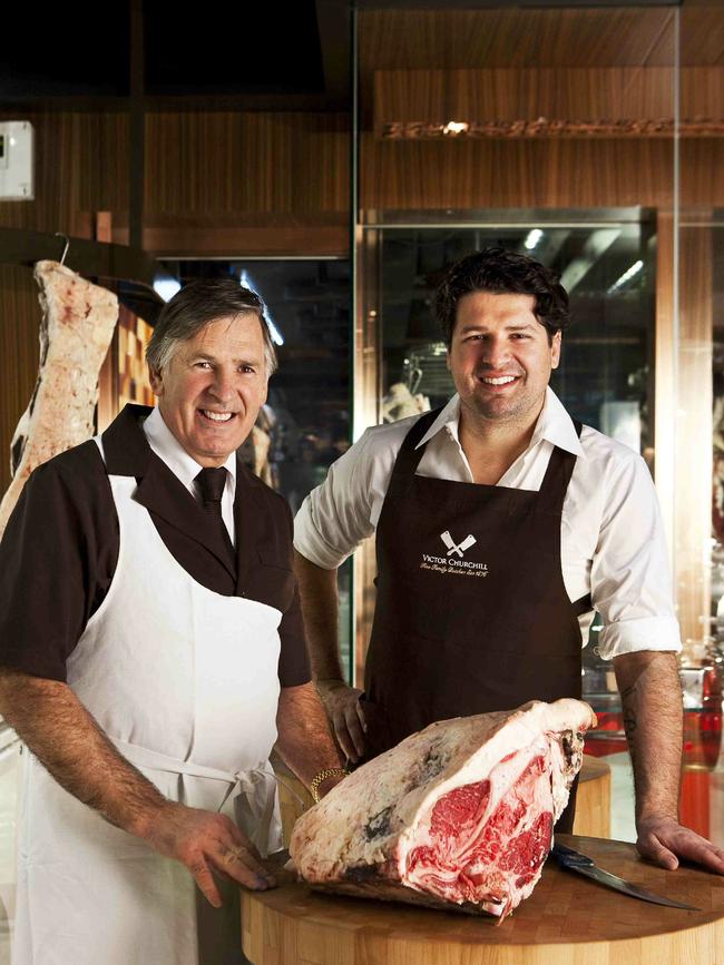 Vic Puharich with son Anthony in their Victor Churchill butcher shop on Queen Street in Woollahra, Sydney.