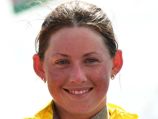 Bronze medalist  Lauren Parker of Australia during the medal ceremony for the women's PTWC Final on day three of the the XXI Commonwealth Games on the Gold Coast, Australia, Saturday, April 7, 2018. (AAP Image/Dean Lewins) NO ARCHIVING, EDITORIAL USE ONLY