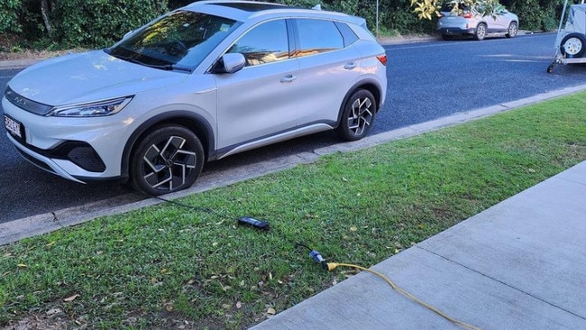 Keith Bensley was out on his morning walk in Sawtell in NSW when he came across an extension cable running across a footpath. Picture: Facebook