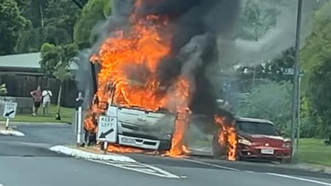 A Coles delivery truck has burst into flames on a suburban street in Cairns, forcing traffic to be diverted by police.