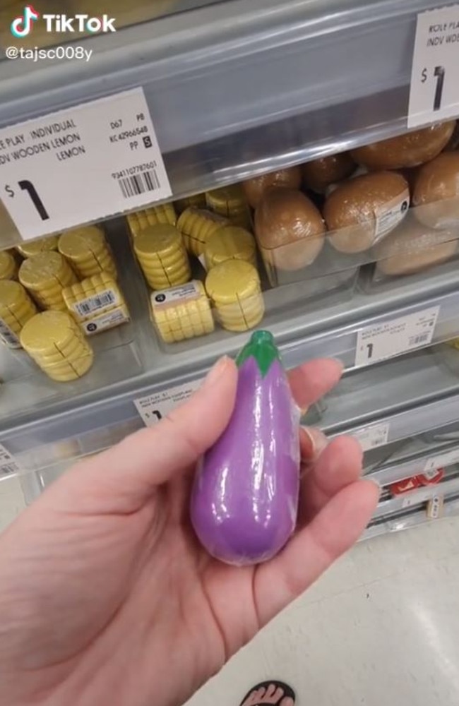 A video showing Kmart’s $1 wooden eggplant toy was allegedly banned by TikTok for breaching nudity rules. Picture: TikTok/@tajsc008y