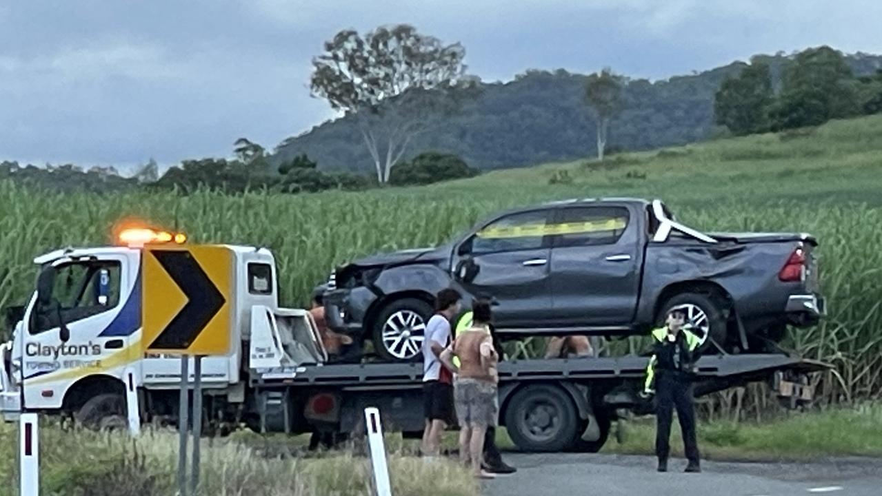 Several tow trucks attended a crash on Maraju-Yakapari Rd, west of Mackay. The grey ute pictured was found on its roof when emergency services arrived on scene. Picture: Fergus Gregg.