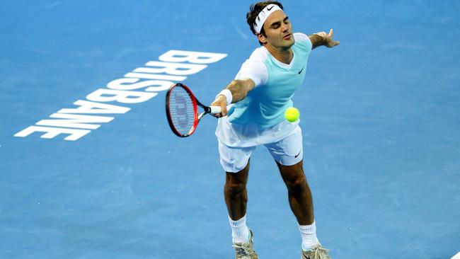 Roger Federer takes on Milos Raonic in the final of the 2016 Brisbane International. Picture: Darren England