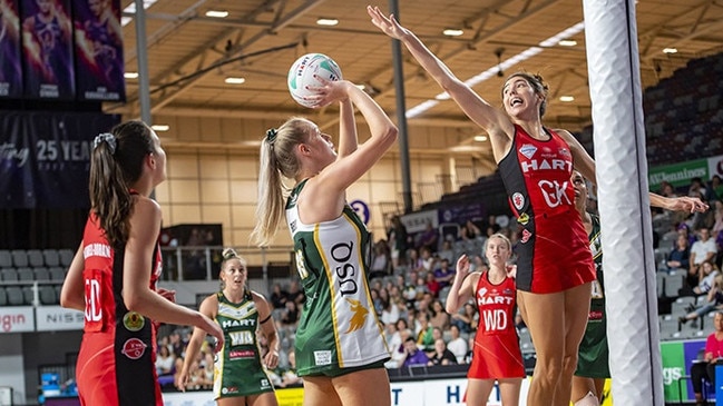 The Sapphire Series has long been the breeding ground for Super Netball players. Pictured is the Firebird’s Ruby Bakewell-Doran (L) and Remi Kamo (R), and Lightning’s Charlie Bell (C). Photo: supplied