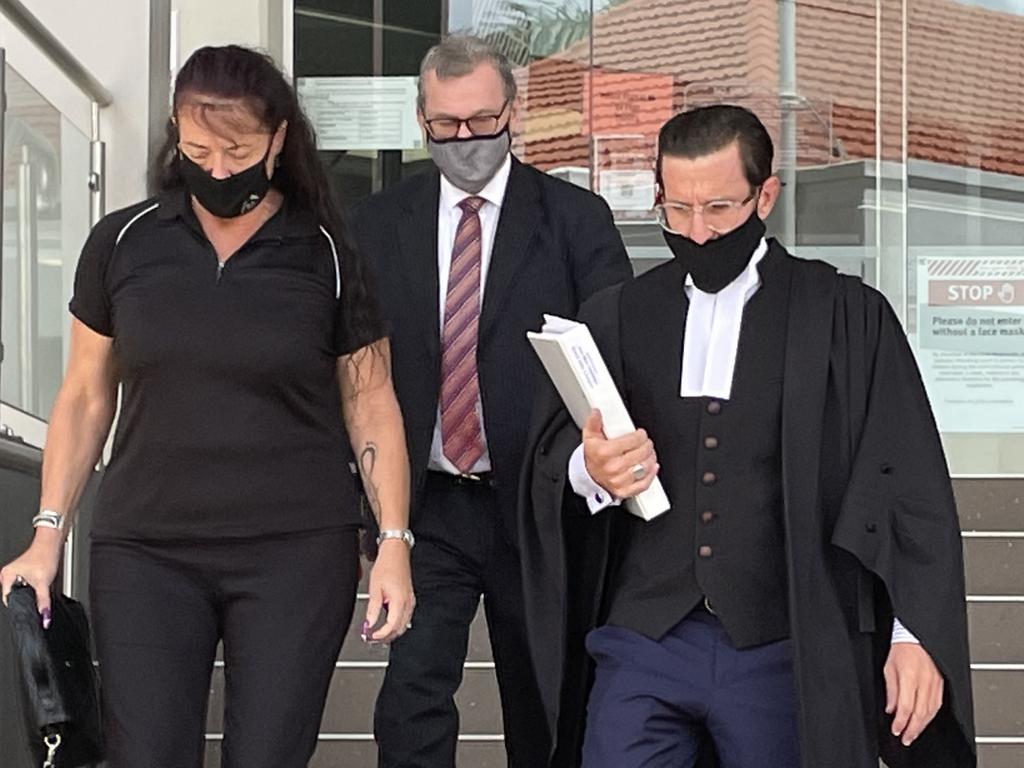 Anita Marie Hutchinson found guilty by jury of possessing 28g MDMA found in her handbag with $1400. Pictured leaving court for lunch during the trial in Rockhampton Supreme Court on February 22, with solicitor David Mills and barrister Jordan Ahlstrand.