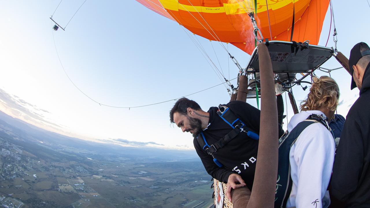 Locky Gilbert took a hot-air balloon to skydive over the Gold Coast Hinterland in local Gold Coast activewear brand, LSKD.