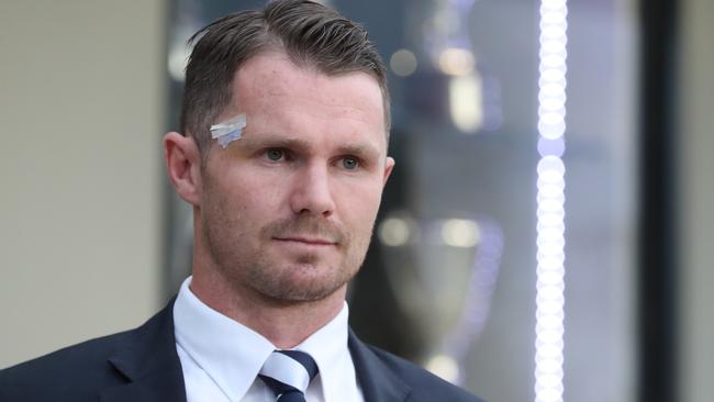 Patrick Dangerfield appeared at the virtual tribunal with a cut on his head. Picture: Peter Ristevski