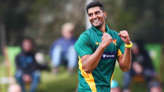 Gurinder Sandhu on his way to 7/56 in the JLT Cup final.