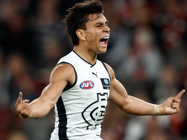 MELBOURNE, AUSTRALIA - AUGUST 6: Jesse Motlop of the Blues celebrates a goal during the 2023 AFL Round 21 match between the St Kilda Saints and the Carlton Blues at Marvel Stadium on August 6, 2023 in Melbourne, Australia. (Photo by Michael Willson/AFL Photos via Getty Images)