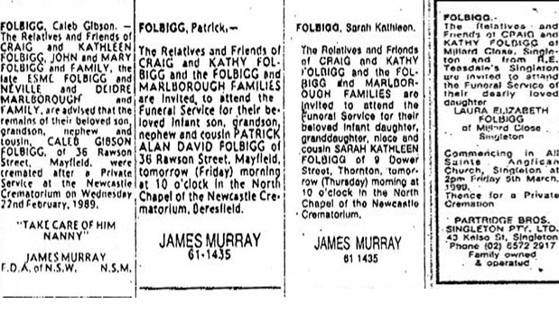 The death notices of Folbigg’s children.