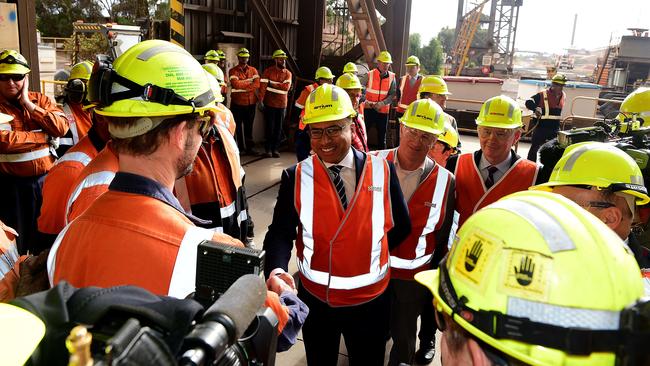 Sanjeev Gupta, executive chairman of GFG Alliance, meets workers at Whyalla’s Arrium steelworks after his successful purchase bid. Picture: Bianca De Marchi