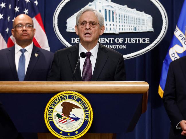 WASHINGTON, DC - SEPTEMBER 27: U.S. Attorney General Merrick Garland (C), U.S. Marshal Service Director Ronald Davis (L) and Assistant Attorney General Matthew Olsen hold a news conference about the work done by the service and partner agencies during Operation North Star at the Department of Justice on September 27, 2024 in Washington, DC. Garland also spoke about the aftermath of the Hamas attack on Israel on October 7, 2023, the department's work to fight against foreign interference in the upcoming U.S. elections and a recent data that shows a decline in violent crime.   Chip Somodevilla/Getty Images/AFP (Photo by CHIP SOMODEVILLA / GETTY IMAGES NORTH AMERICA / Getty Images via AFP)