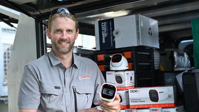 Craig Moore onsite with some of the camera units he has been increasingly called upon to install. Picture: Emily Barker.