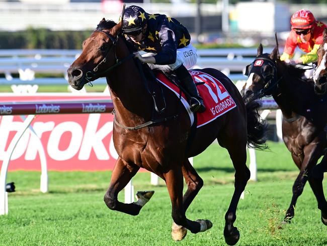 King Colorado wins the Group 1 JJ Atkins for trainers Ciaron Maher and Dave Eustace and jockey Jason Collett pics credit Grant Peters, Trackside Photography