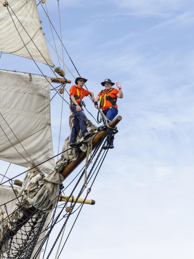 Up in the rigging, during the Parade of Sail, at the Australian Wooden Boat Festival in 2017. Picture: Rob McKenna/AWBF