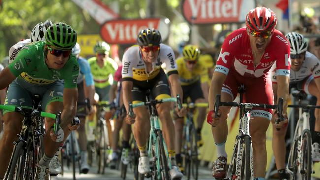 Peter Sagan (green) out sprints Alexander Kristoff of Norway riding for Team Katusha to win stage 16 of the 2016 Le Tour de France.