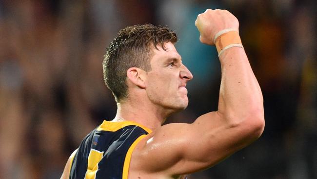 Josh Jenkins celebrates a goal against Richmond. Picture: AAP Image/David Mariuz