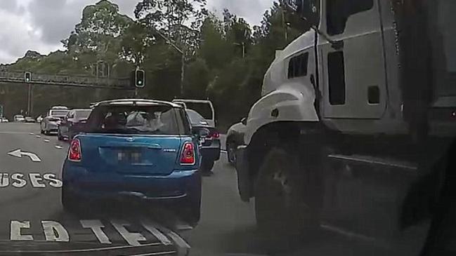 Some commenting on the video say the truck driver couldn’t have seen the car. Picture: Dash Cam Owners Australia.