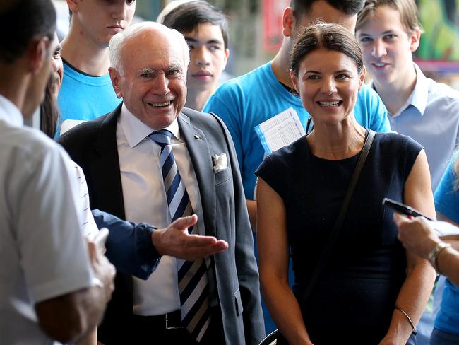 Former Prime Minister John Howard joins Liberal candidate for the seat of Reid, Fiona Martin on the campaign trail. Picture: Toby Zerna